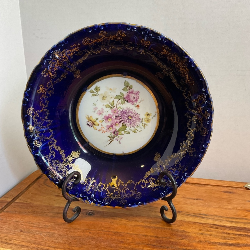 Antique Royal Sphinx Maastricht Holland Cobalt Blue & Gold Floral 10.5” Serving